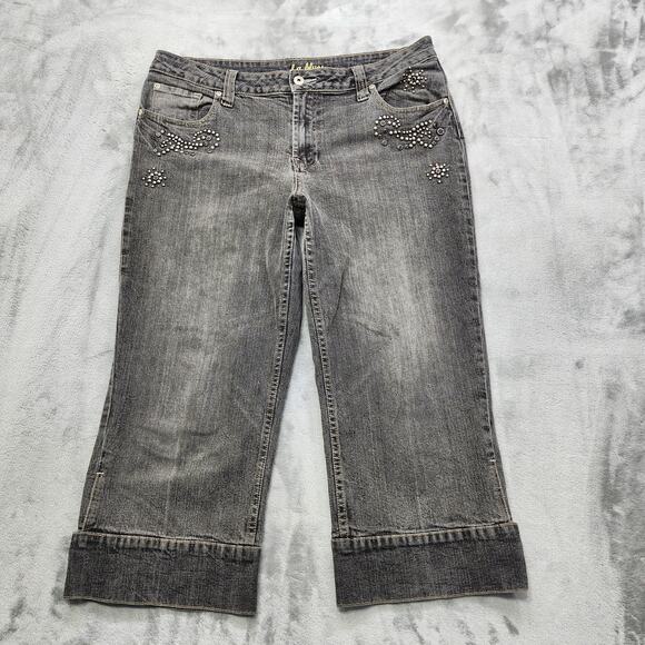 Vintage LA BLUES Jeans Womens 16 Black Gray Studded Embroidered Mid Rise Capri - Picture 1 of 16
